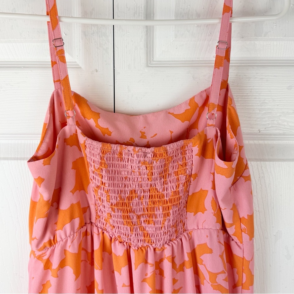 Social Standard by Sanctuary Pink Orange Floral Midi Dress L Smocked Back - Picture 7 of 11